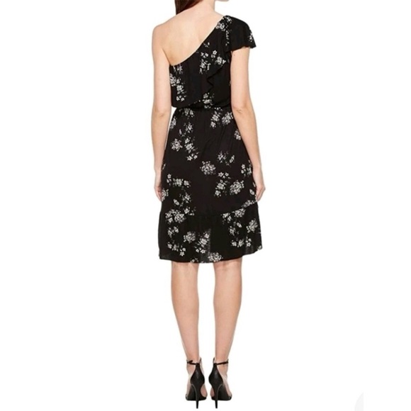LUCKY BRAND Black Botanical Boho Ruffle Dress One Shoulder Short Sleeve XS - Picture 13 of 13